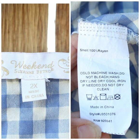 Suzanne Betro Gingham boho women's top Blue & white Twist sleeve size 2X Blouse - Picture 8 of 10